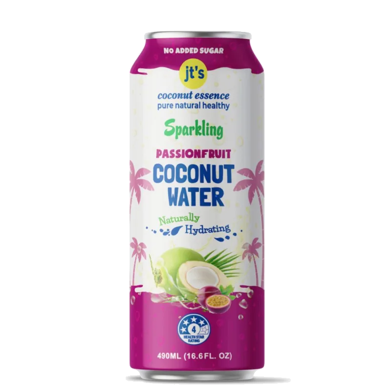 JT’s Sparkling Passion Fruit Coconut Water 490mL can JT’s Sparkling Passion Fruit Coconut Water 490mL can